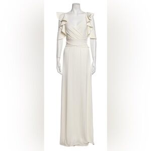 Halston Elegant White Ruffle Sleeve Maxi Dress